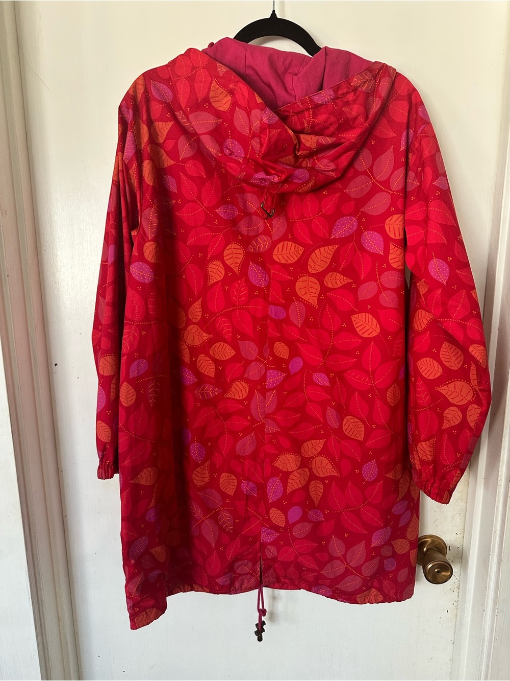 Gudrun Sjoden Red Fuschia Leaf-Print Organic Cotton Hooded Raincoat Size S - Picture 4 of 7